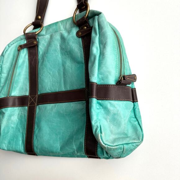 Latico Top Handle Aqua Leather Brown Accent Bowling Bag Style Medium Bag - Picture 3 of 10
